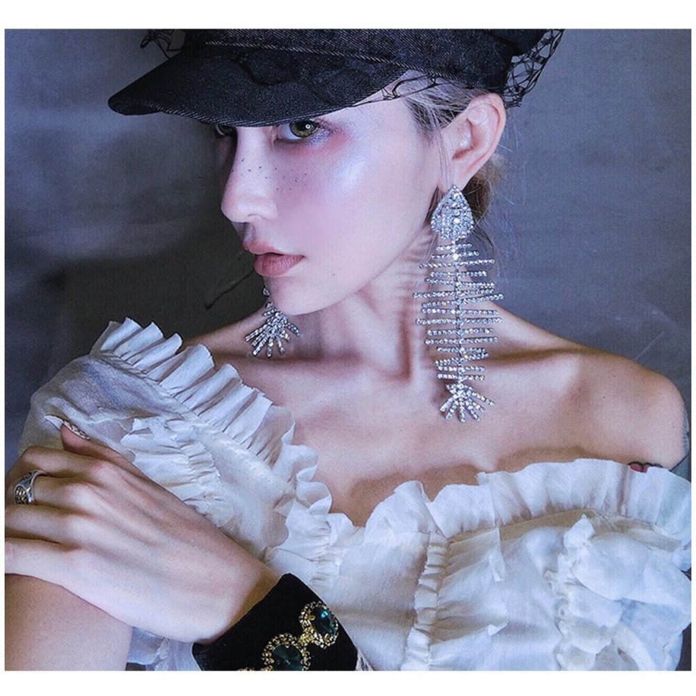Extra Long Silver and Rhinestone Fishbone Dangle Earrings *E811